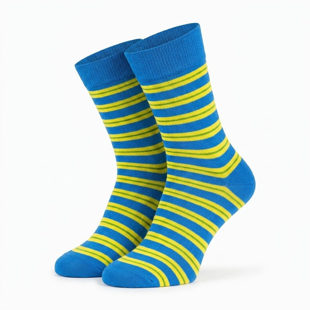 Blue and yellow striped men's crew socks by Cellini Uomo, made from soft cotton, part of the Distretto73 Filoscozia collection.
