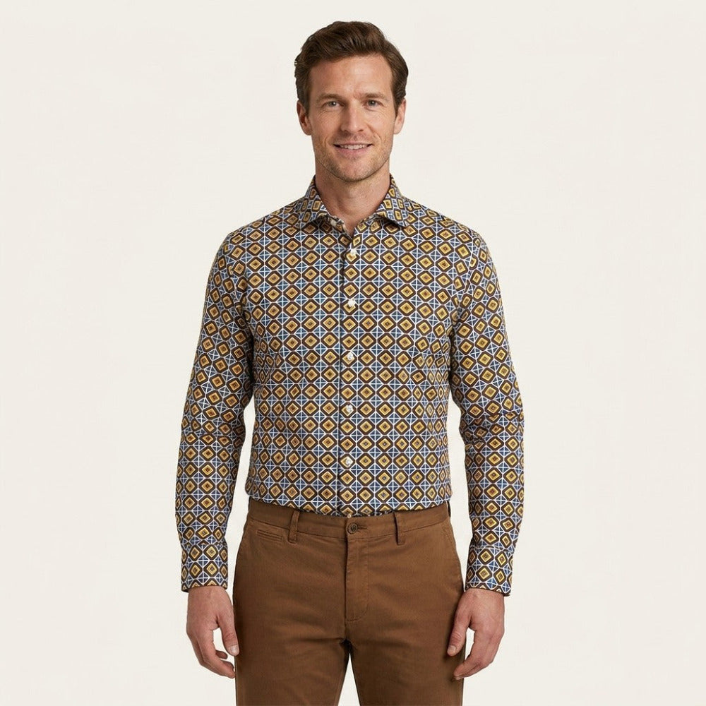 Torras geometric print cotton shirt with long sleeves and classic collar, featuring a modern geometric pattern in neutral tones.