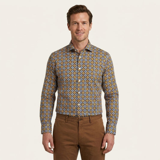 Torras geometric print cotton shirt with long sleeves and classic collar, featuring a modern geometric pattern in neutral tones.