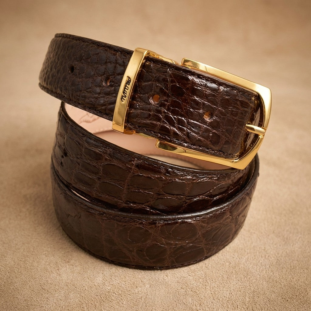Brown Mauri alligator leather belt with a polished buckle, showcasing a sleek and luxurious accessory for men.