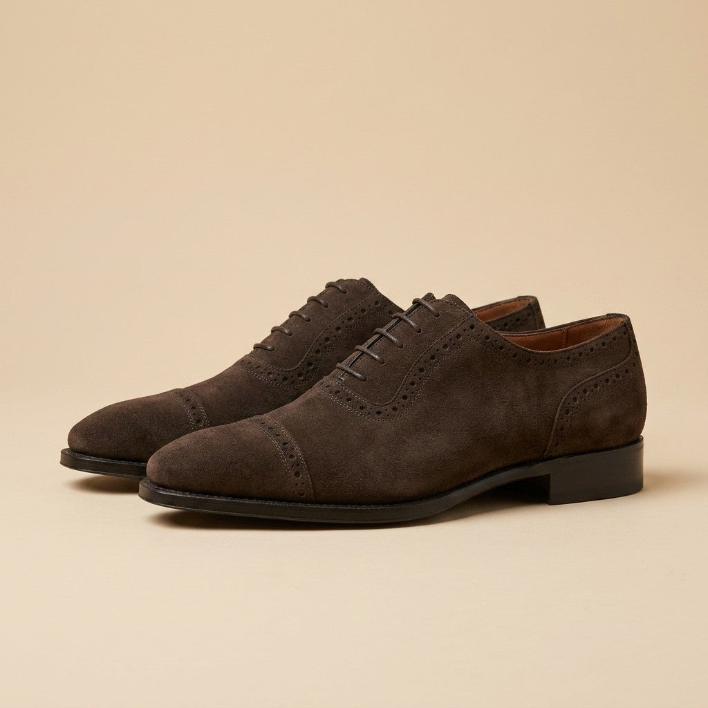 Sheriff Collection Brown Suede Lace-Up Cap-Toe Oxford Shoes