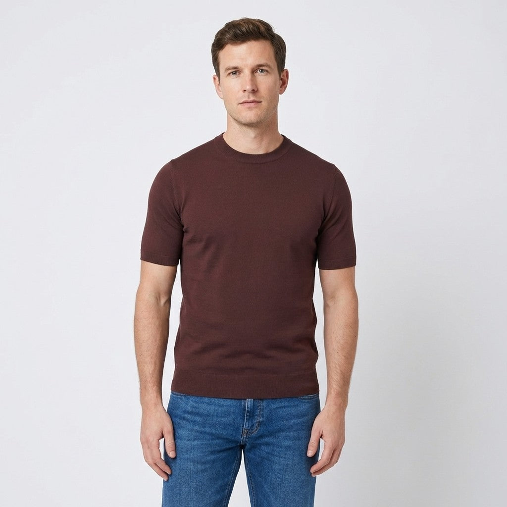 Brown Prestige Crew Neck Short Sleeve Shirt CMK-350, 650 with a close-up of the fabric and collar detail.