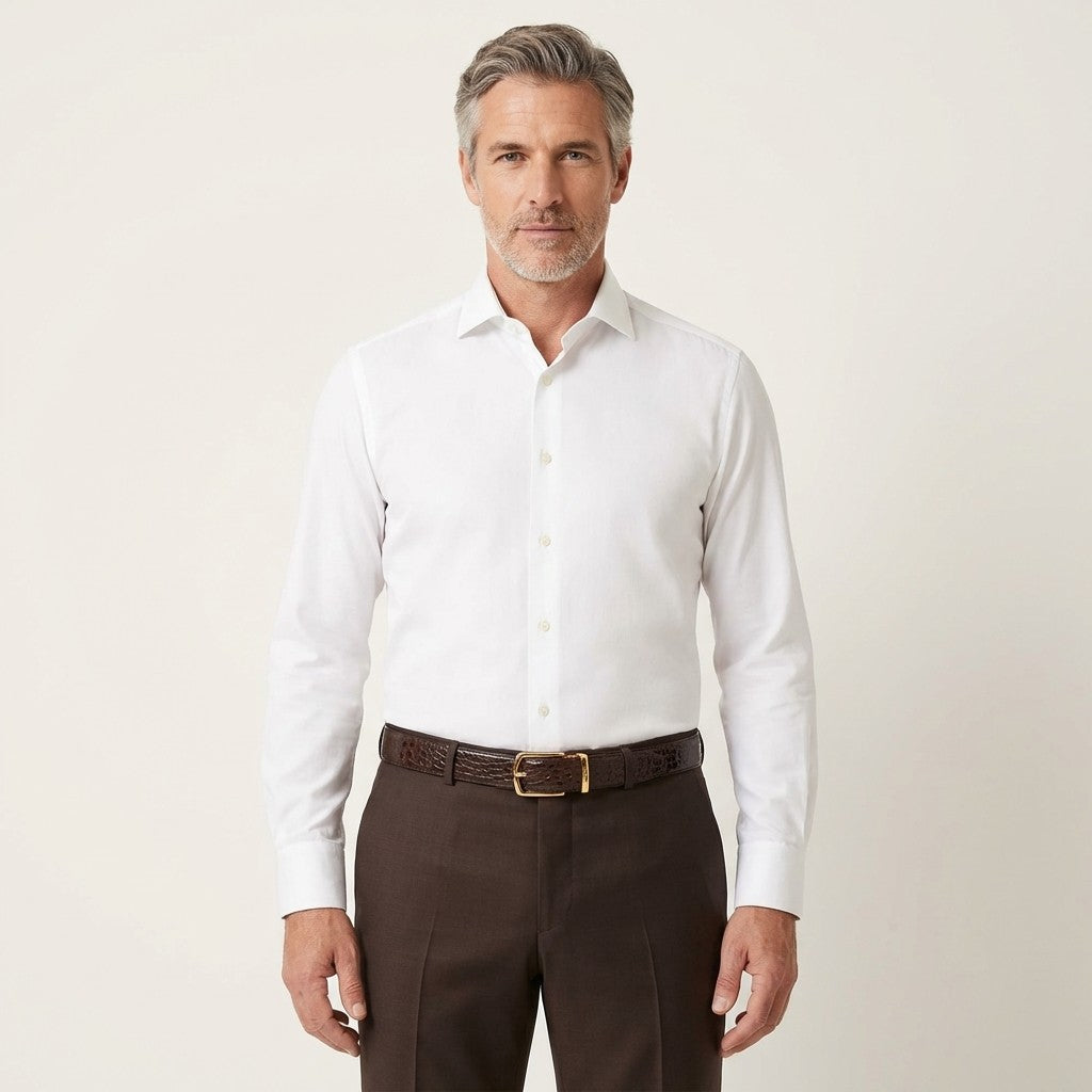Brown Mauri alligator belt with a sleek buckle, showcasing textured alligator leather and sophisticated craftsmanship.