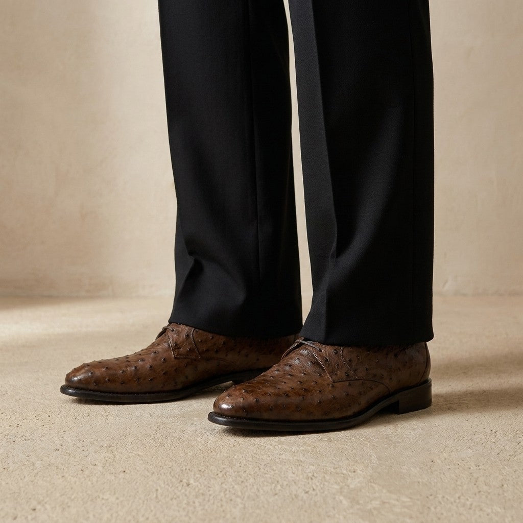 Brown Calzoleria Toscana Ostrich Lace Up shoe with detailed stitching and lace-up closure, showcasing high-quality leather craftsmanship.