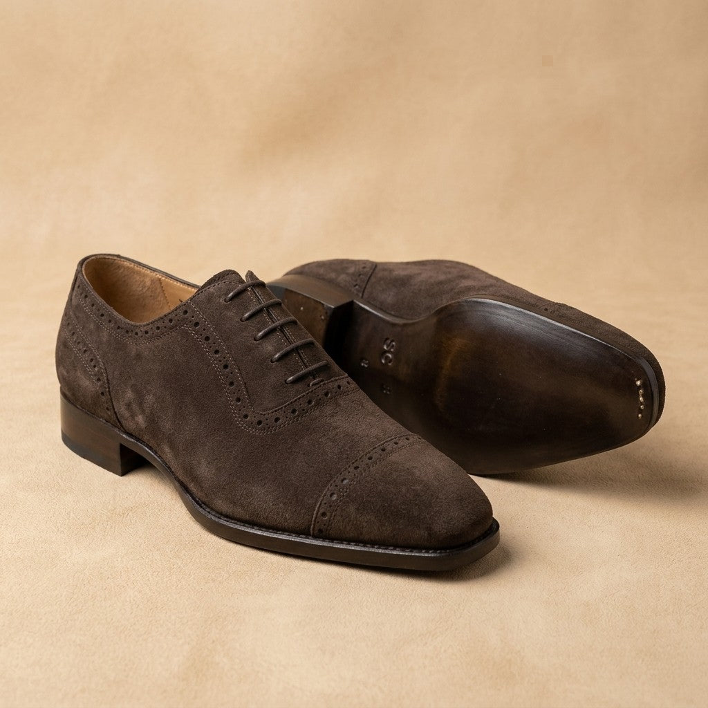 Sheriff Collection Brown Suede Lace-Up Cap-Toe Oxford Shoes