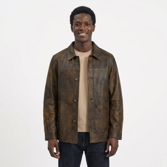 Missani reversible distressed leather jacket in brown, showing both distressed and smooth leather sides for stylish wear.