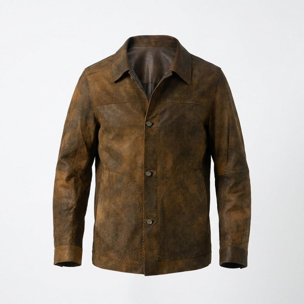 Missani reversible distressed leather jacket in brown, displayed on a hanger, showing both textured sides of the coat.