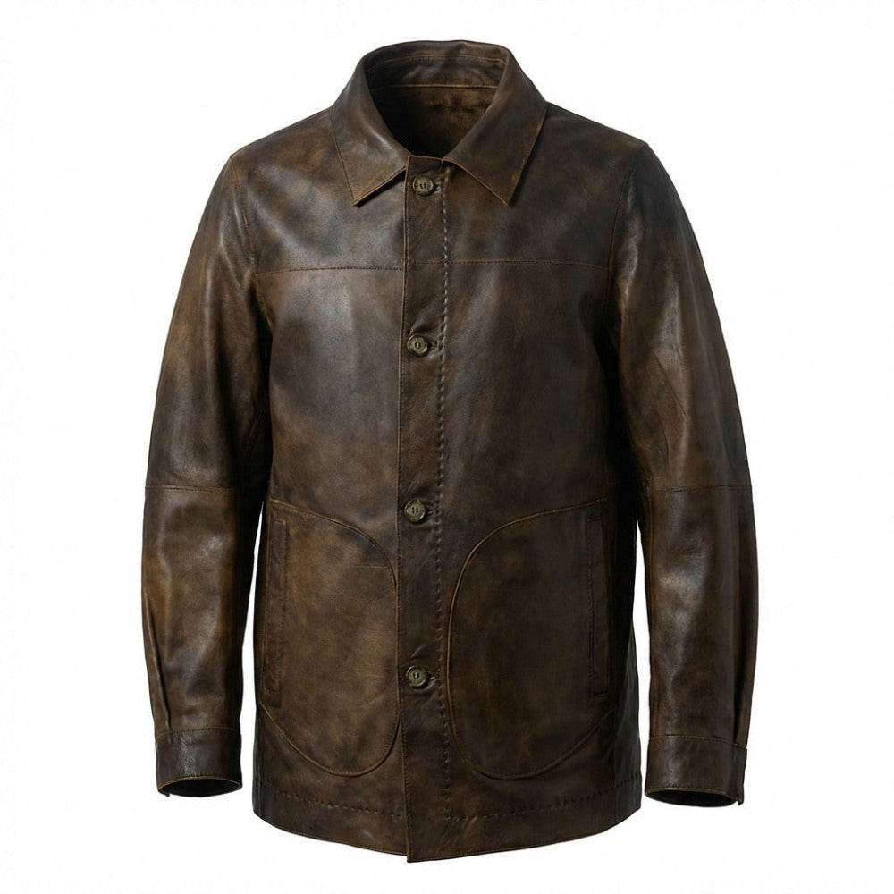 Missani reversible distressed leather jacket in brown, stylish coat with a rugged, worn-in look, perfect for casual wear.