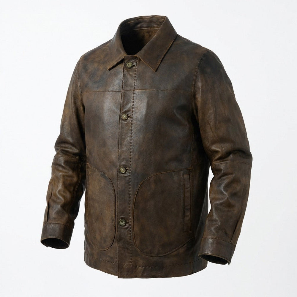 Brown Missani reversible distressed leather jacket displayed on a hanger, showcasing its rugged leather and stylish design.
