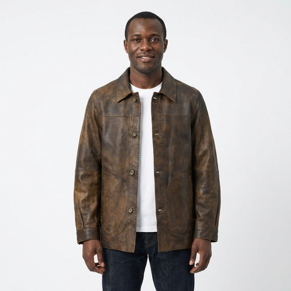Brown Missani reversible distressed leather jacket with rugged design, shown on a hanger in a casual coat style.