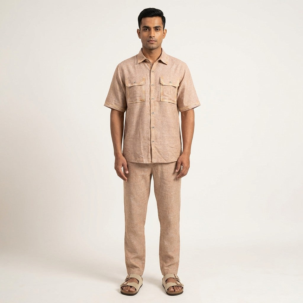 Prestige Linen Set LUX-530 in brown, casual clothing with a relaxed fit, made from breathable linen fabric.