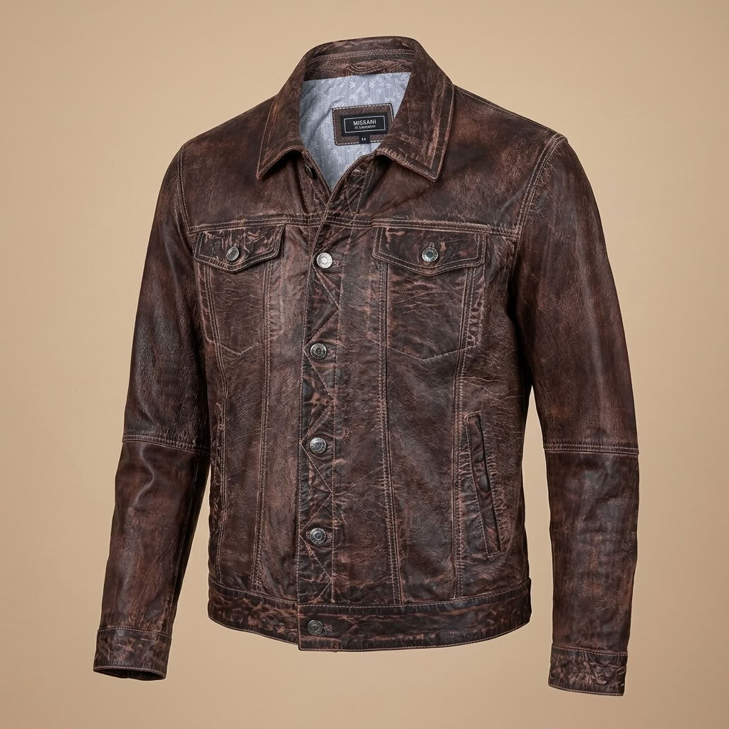 Missani Le Collezioni BF leather jean jacket in brown, stylish coats and jackets with a classic fit and detailed stitching.