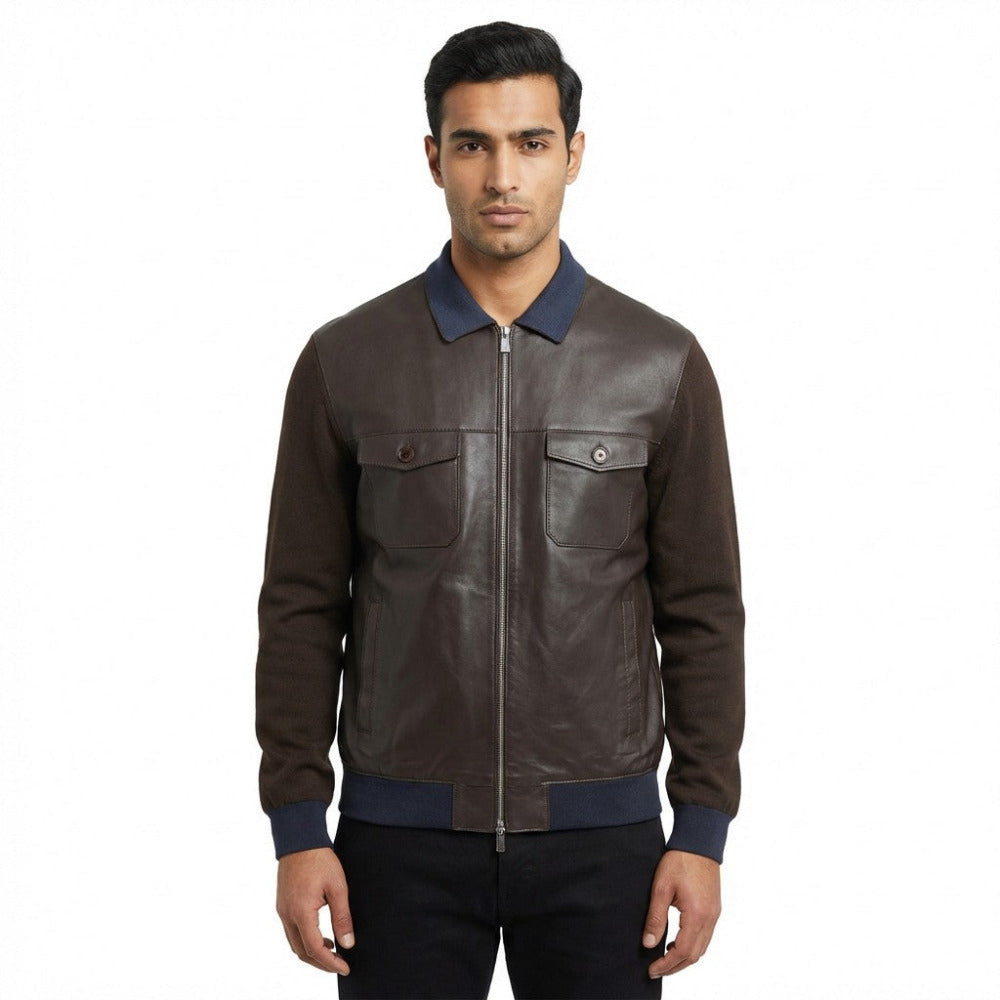 Torras L42E423A leather and knit jacket in brown and navy, stylish coats and jackets with mixed textures.