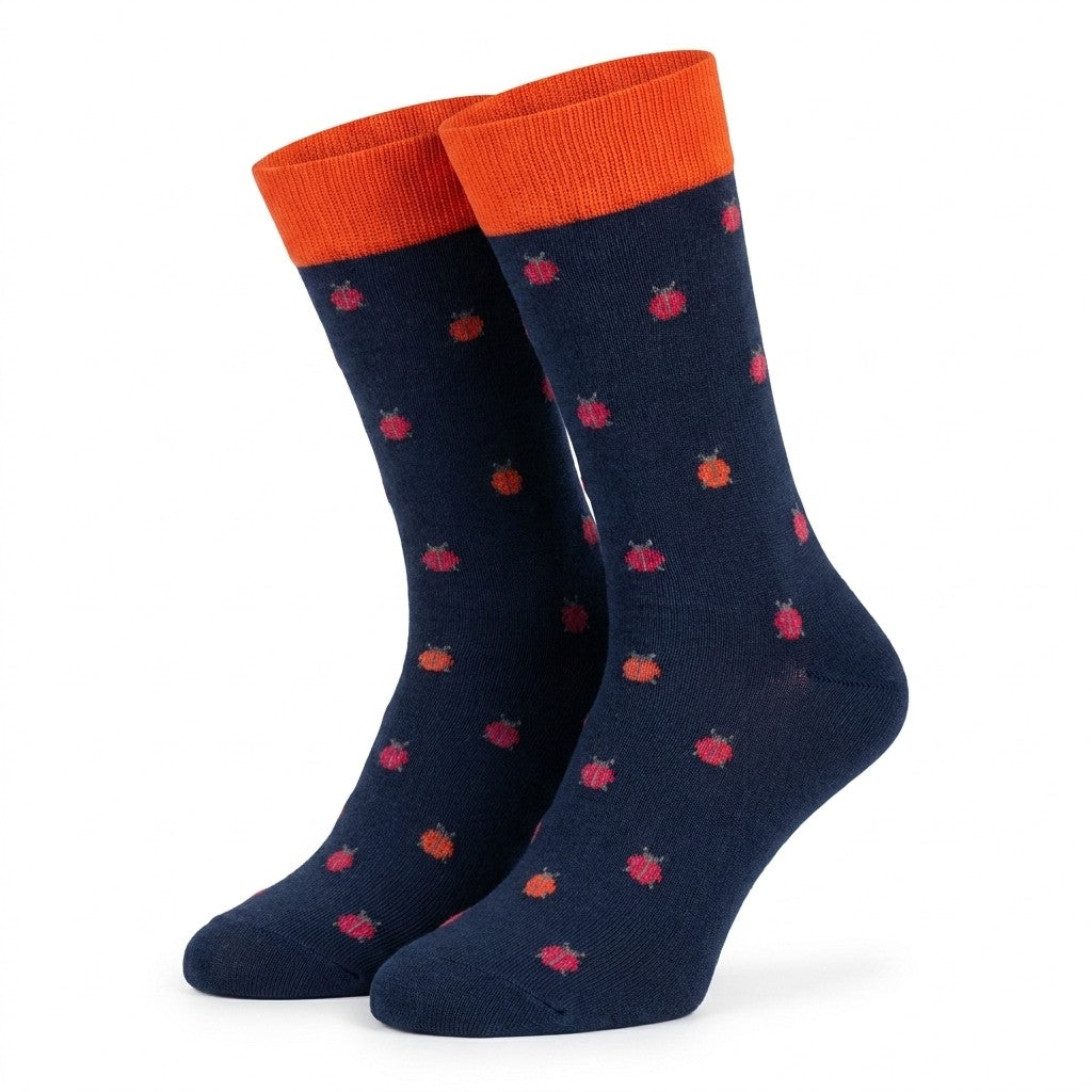 Cellini Uomo Distretto73 men's Filoscozia cotton socks with navy ladybug pattern, featuring colorful bug design on soft fabric.