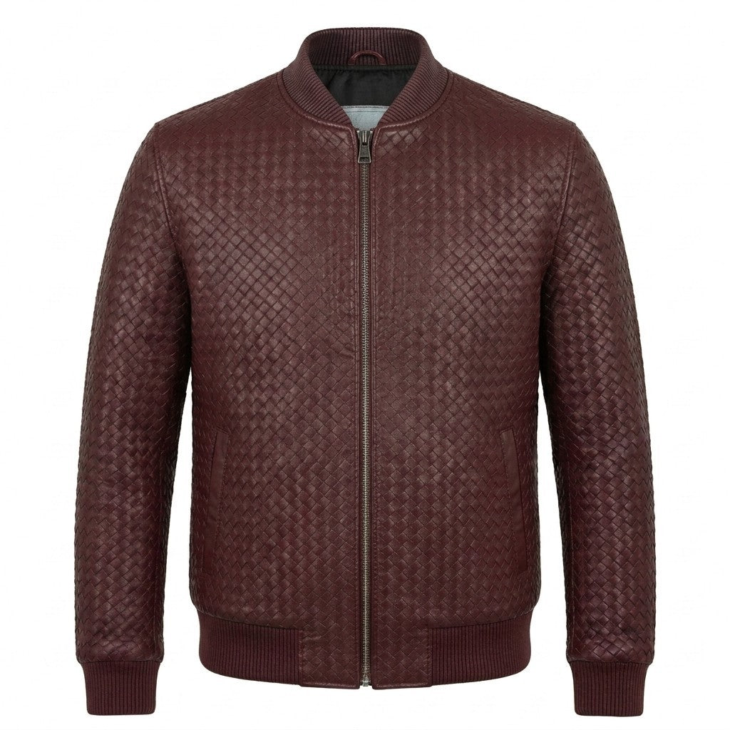 Men’s burgundy SVELG leather bomber jacket made from 100% lambskin, featuring a woven design and classic bomber style.