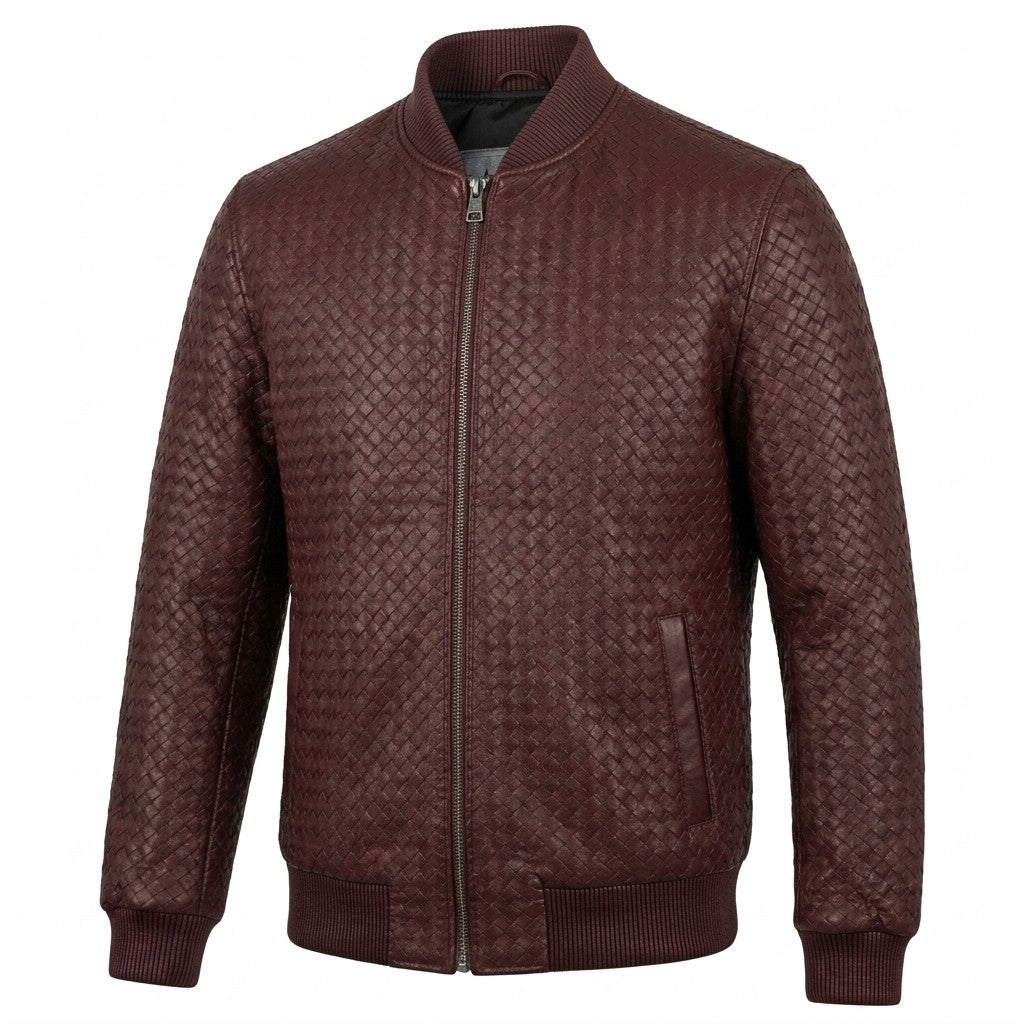 Men's burgundy SVELG premium woven lambskin leather bomber jacket, stylish men's coat with detailed stitching and smooth leather finish.
