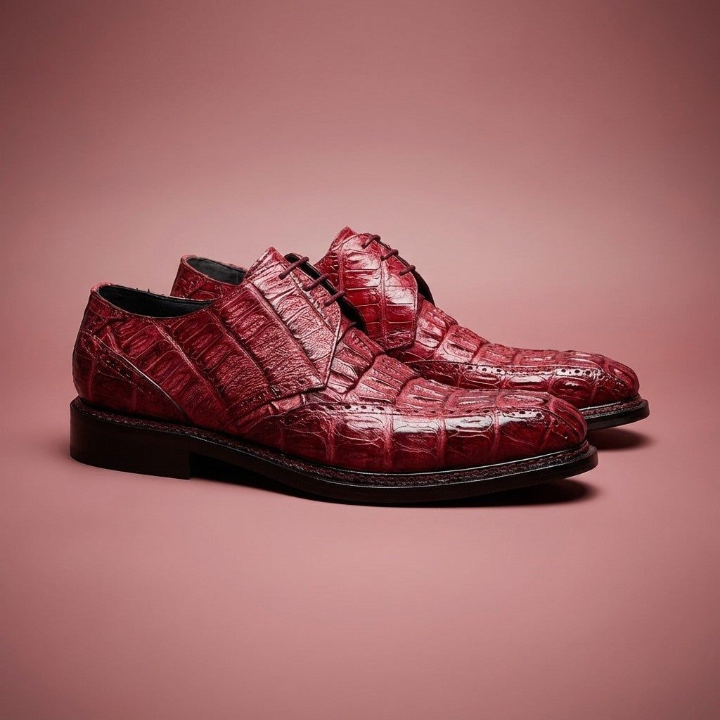 Mauri 2670 Caiman Hornback lace-up dress shoes in burgundy leather with detailed stitching and polished finish.