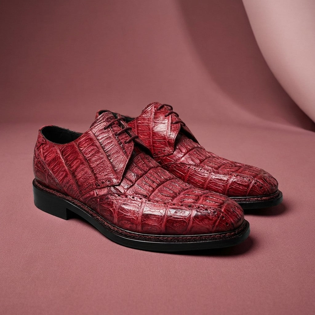 Mauri 2670 Caiman Hornback lace-up dress shoes in burgundy leather with detailed hornback crocodile pattern.
