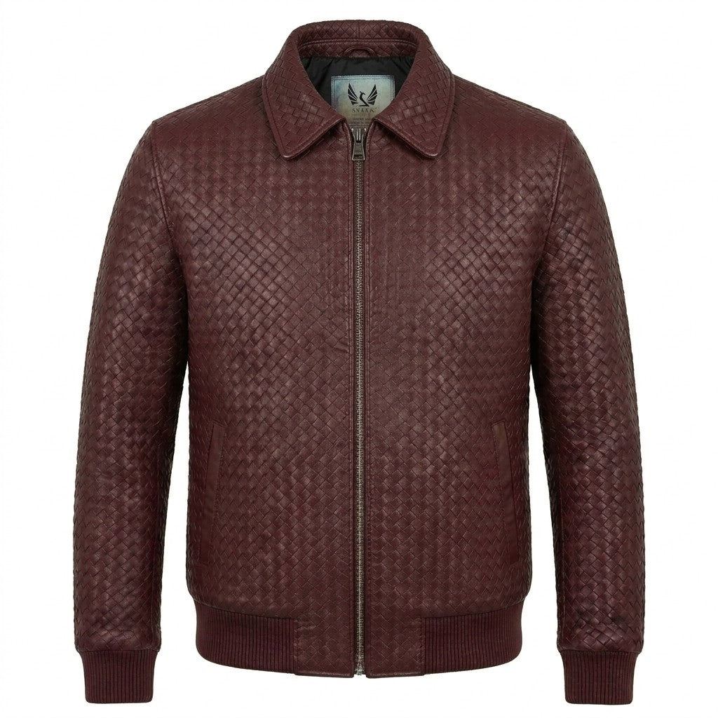 Men’s SVELG Premium Woven 100% Lambskin Leather Shirt Style Collar Bomber Jacket