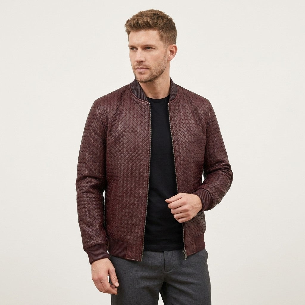Men's burgundy SVELG premium woven lambskin leather bomber jacket, stylish coat with detailed stitching and classic design.
