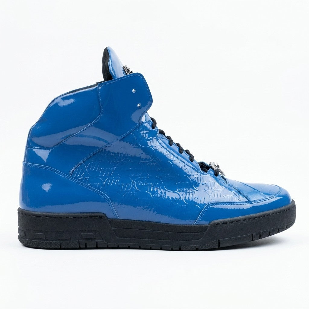 Mauri 8429 patent leather and crocodile high-top sneakers in blue, showcasing sleek design and textured details.