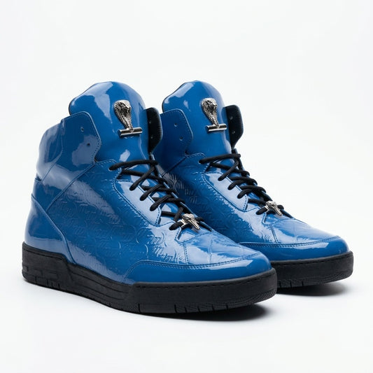 Mauri 8429 patent leather and crocodile high-top sneakers in blue with sleek design and textured details.