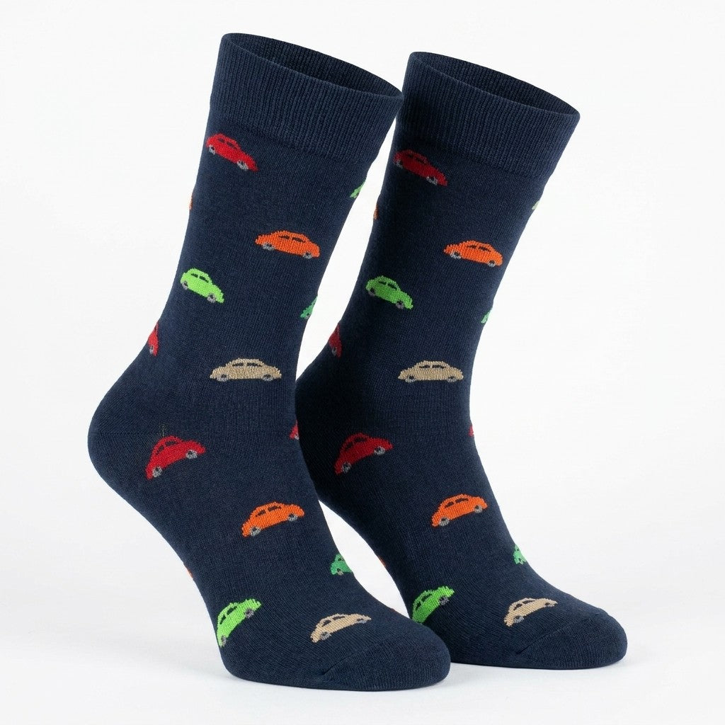 Cellini Uomo Distretto73 Men's Filoscozia cotton car socks featuring colorful automotive-inspired design.