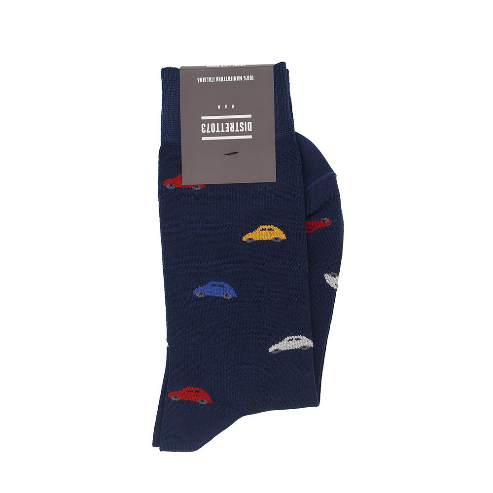 Blue cotton car-themed socks for men by Cellini Uomo, featuring Distretto73 Filoscozia design, perfect for casual wear.