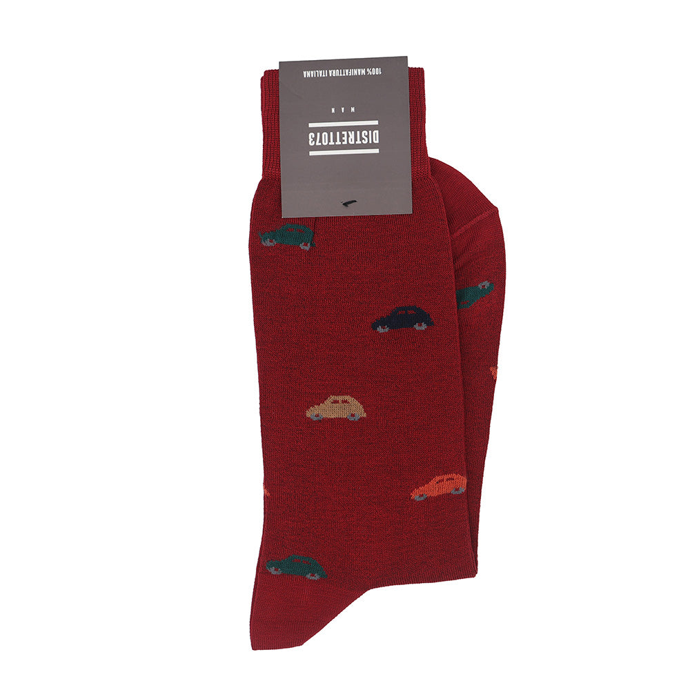 Red cotton Car Socks by Cellini Uomo featuring Distretto73 Men's Filoscozia design, displayed on a neutral background.