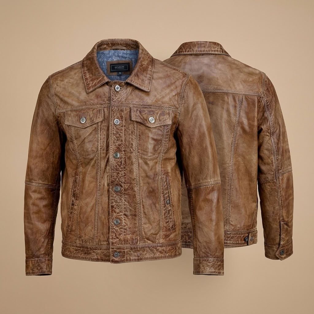 Missani Le Collezioni BF leather jean jacket in cognac, stylish coats and jackets with a sleek leather and denim design.