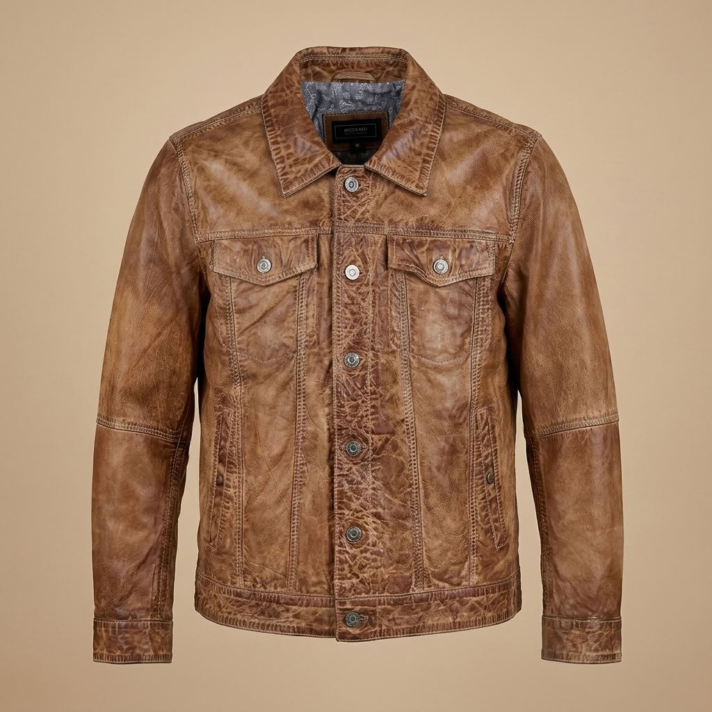 Missani Le Collezioni BF leather jean jacket in cognac, stylish coat with classic denim details and a sleek fit.