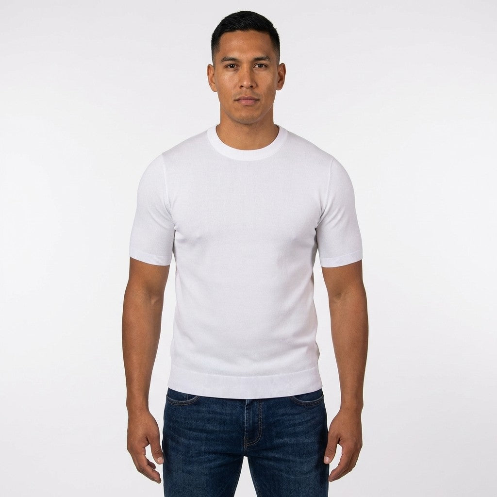 Cream Prestige crew neck short sleeve shirt CMK-350, 650, displayed flat, showing smooth fabric and classic fit.