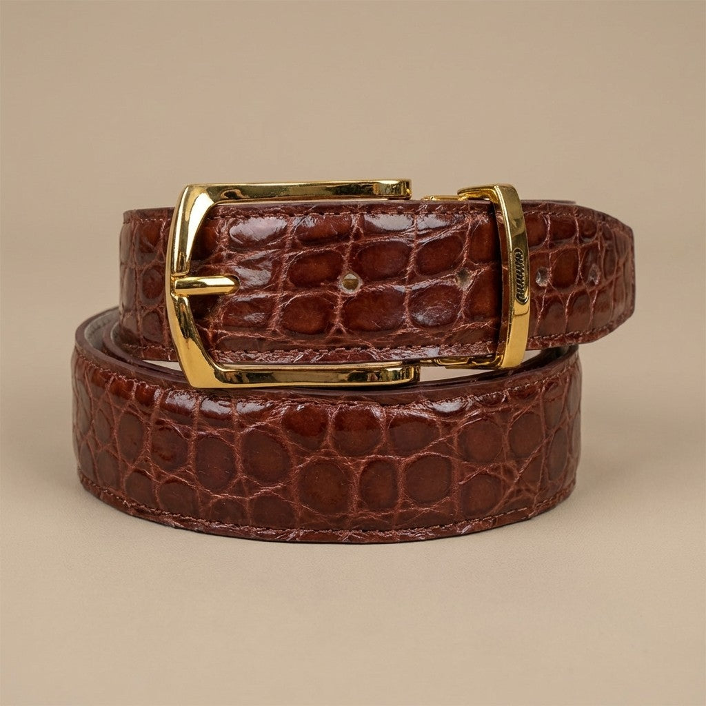 Dark gold Mauri alligator leather belt with a polished buckle, showcasing luxurious texture and craftsmanship.