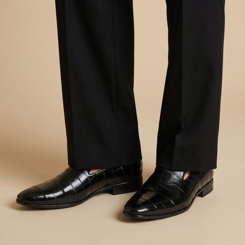 Black eel skin leather Bruno Magli Bellino dress loafers with sleek design and polished finish.