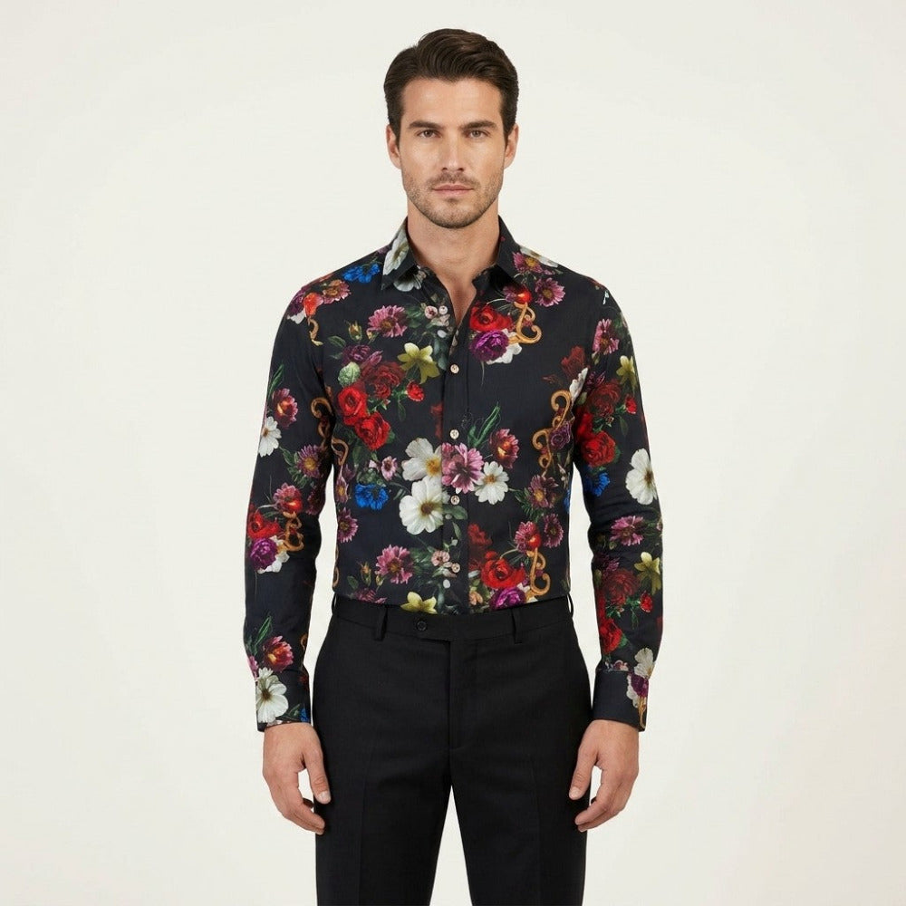 Philippe Royal floral button-up shirt with vibrant flower pattern, casual style, long sleeves, and classic collar.