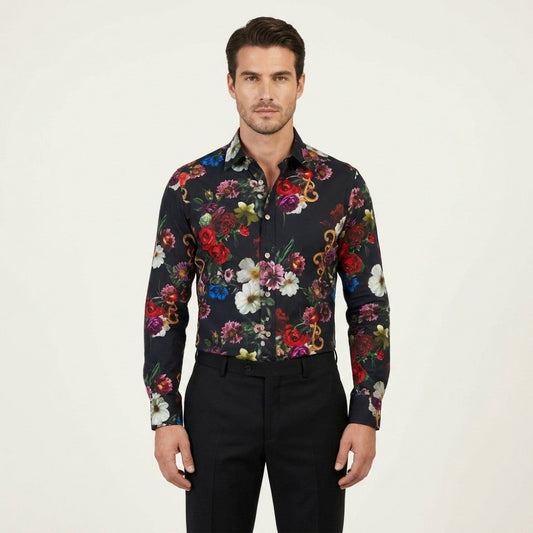 Philippe Royal floral button-up shirt with vibrant flower pattern, casual style, long sleeves, and classic collar.