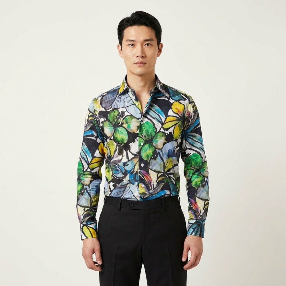 Tarcisio colored leaf button-up shirt with a floral black pattern, featuring a collared neckline and long sleeves.