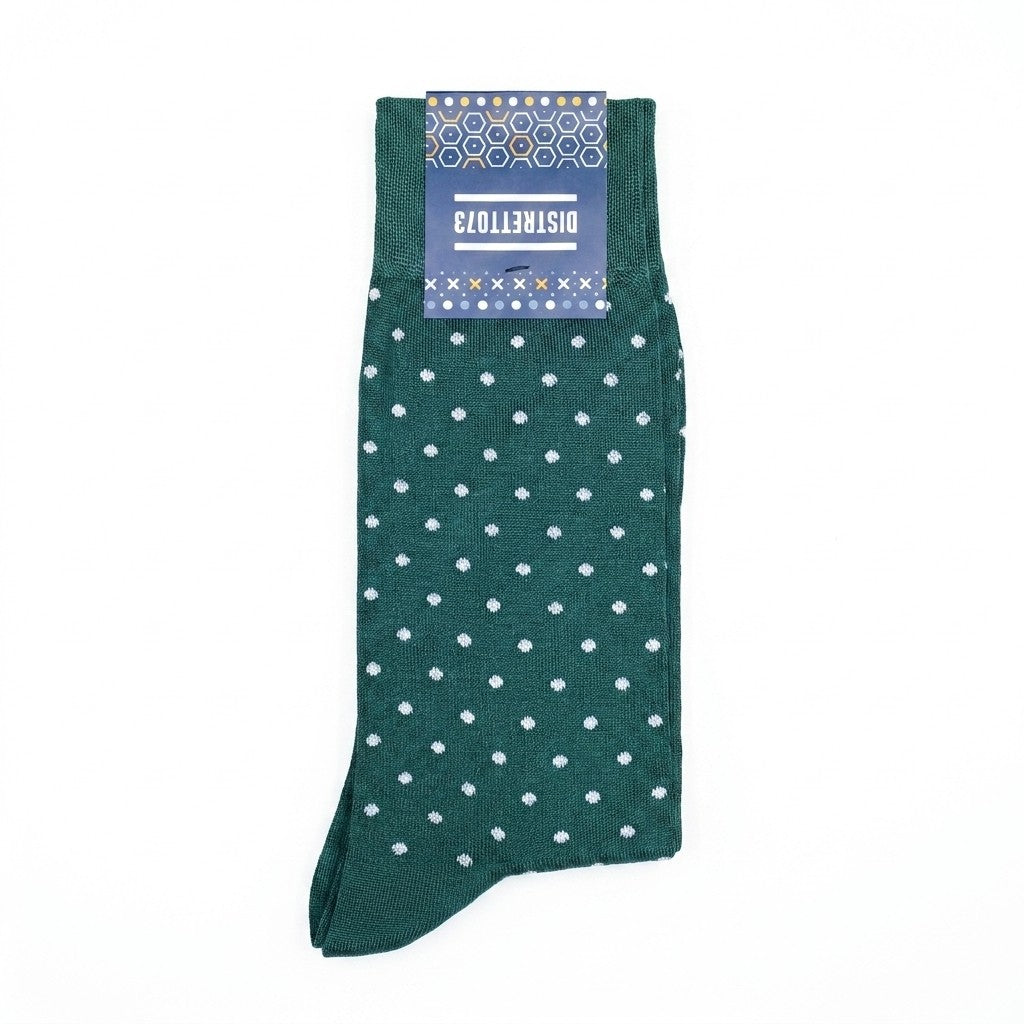 Forest green Cellini Uomo Distretto73 men's Filoscozia cotton polka dot socks displayed on a model.