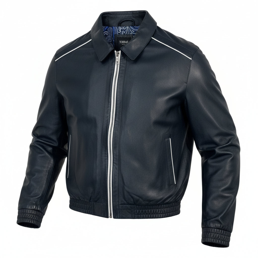 Torras Zipped 100% perforated leather jacket on a ghost mannequin, stylish coat with zipper details and perforated design.