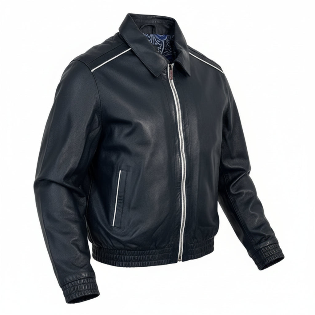 Torras leather jacket on mannequin, perforated 100% genuine leather, zipped front, stylish coats and jackets for men.