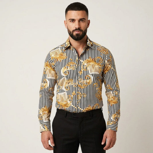 Philippe navy and gold striped button-up shirt, long sleeves, classic collar, stylish men's tops, front buttons, fabric detail.