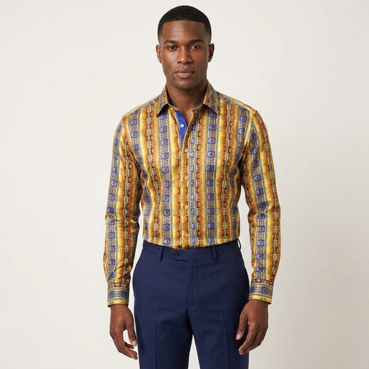 Philippe gold button-up shirt in navy with gold accents, featuring a classic collar and long sleeves, casual stylish top.