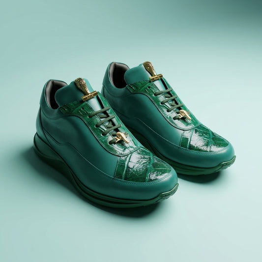 Green Mauri 8900 sneakers made of Napa leather and baby crocodile leather with stylish design.