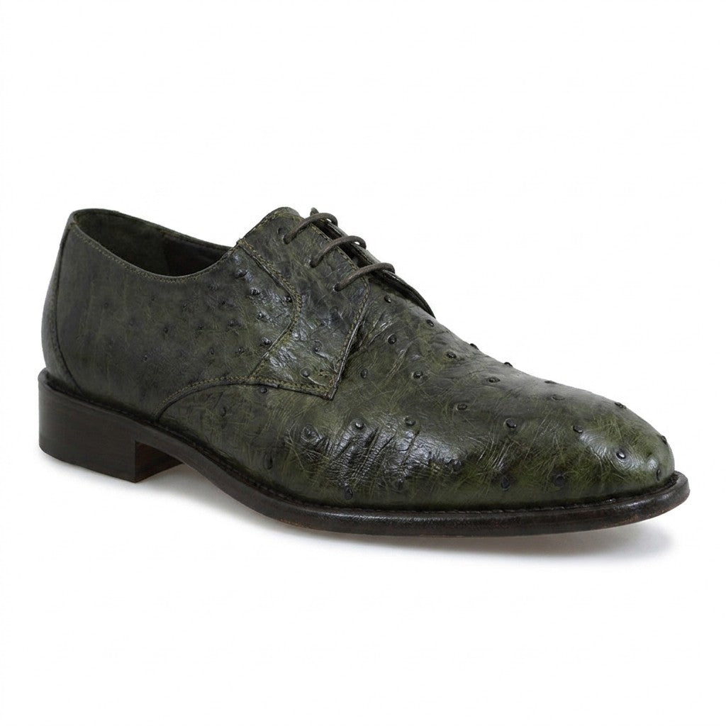Calzoleria Toscana Toscana 3414 ostrich leather lace-up shoes in vibrant green with detailed stitching and classic design.
