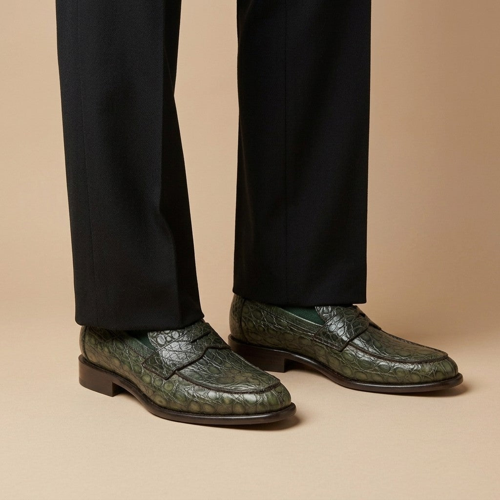Marfa Calzoleria Toscana Dip-Dyed Crocodile Caiman Flanks Penny Loafers