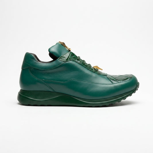 Mauri 8900 green Napa leather and baby crocodile sneakers with stylish design and textured leather details.