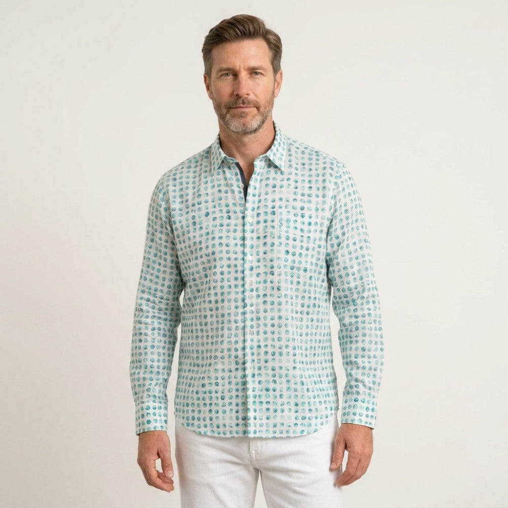 Green Tarcisio Circle Linen Button-Up Shirt displayed on a hanger, featuring a relaxed fit and casual style.