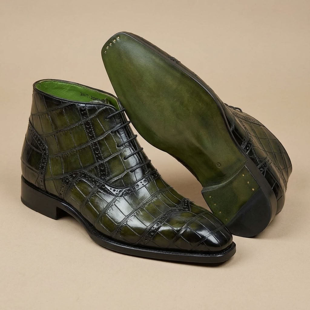 Sheriff Green Alligator Skin Wingtip Boot showing detailed green alligator leather and classic wingtip design.