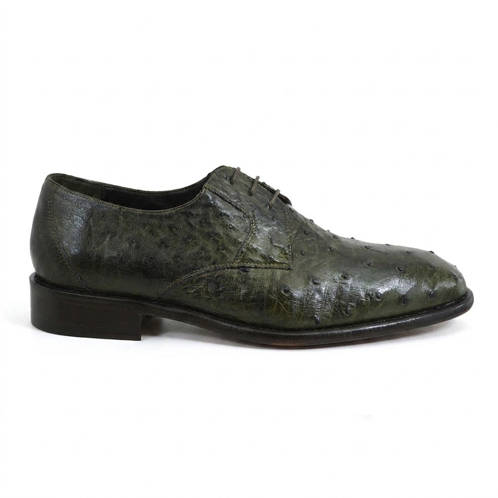 Green Calzoleria Toscana Toscana 3414 Ostrich Lace Up shoe with laces and textured ostrich leather finish.