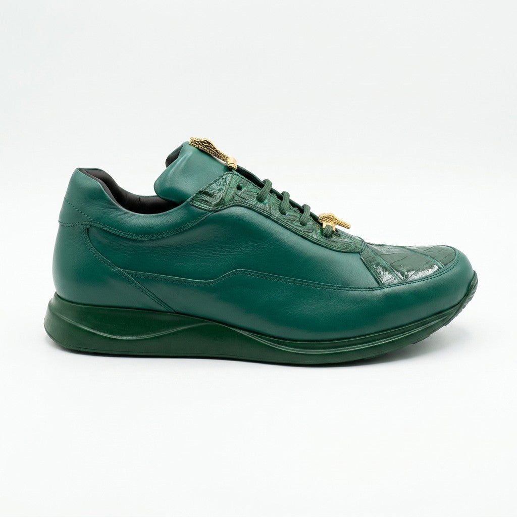 Mauri 8900 green Napa leather and crocodile sneakers with sleek design and laces, stylish footwear for casual wear.